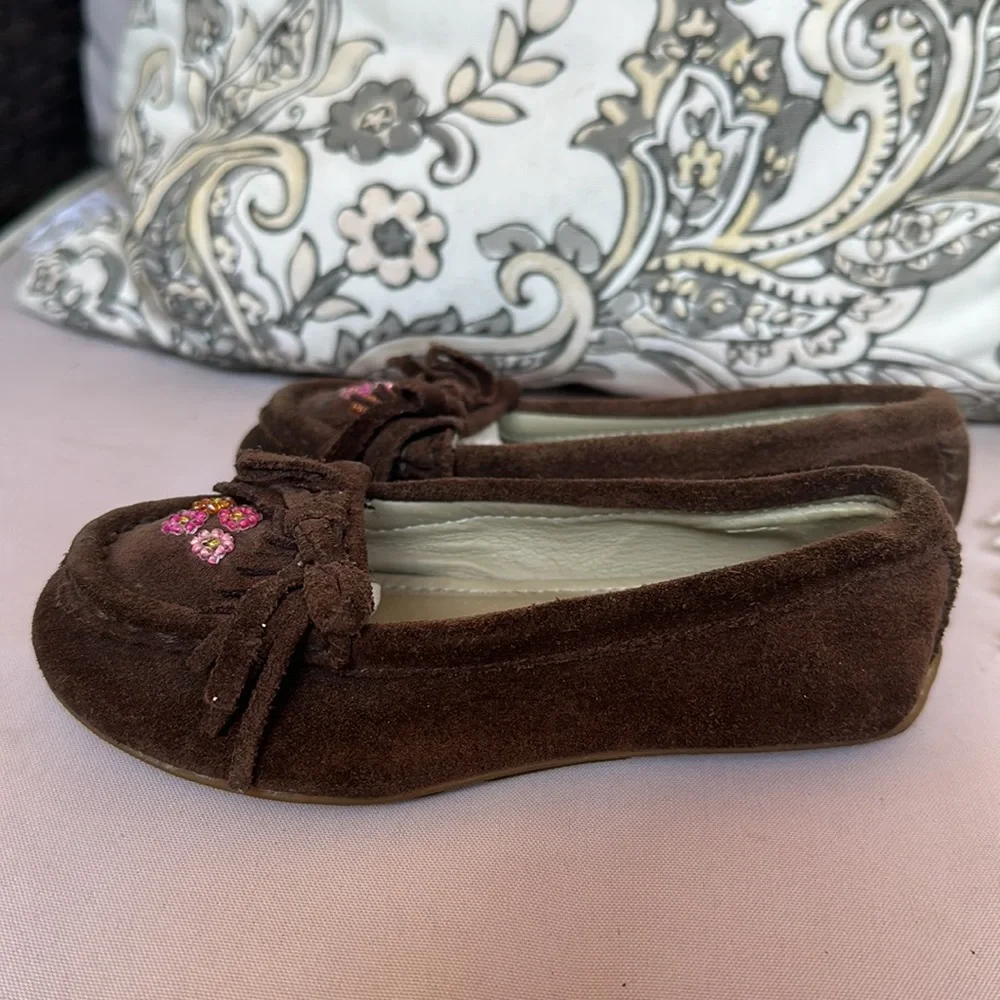 Stride Rite Keller Toddler Girls 9M Brown Suede Moccasins Pink Beaded Fringe